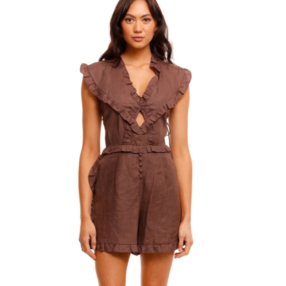 Joslin Studio Kayla Linen Jumpsuit Romper Small Medium Chocolate Brown Ruffle
